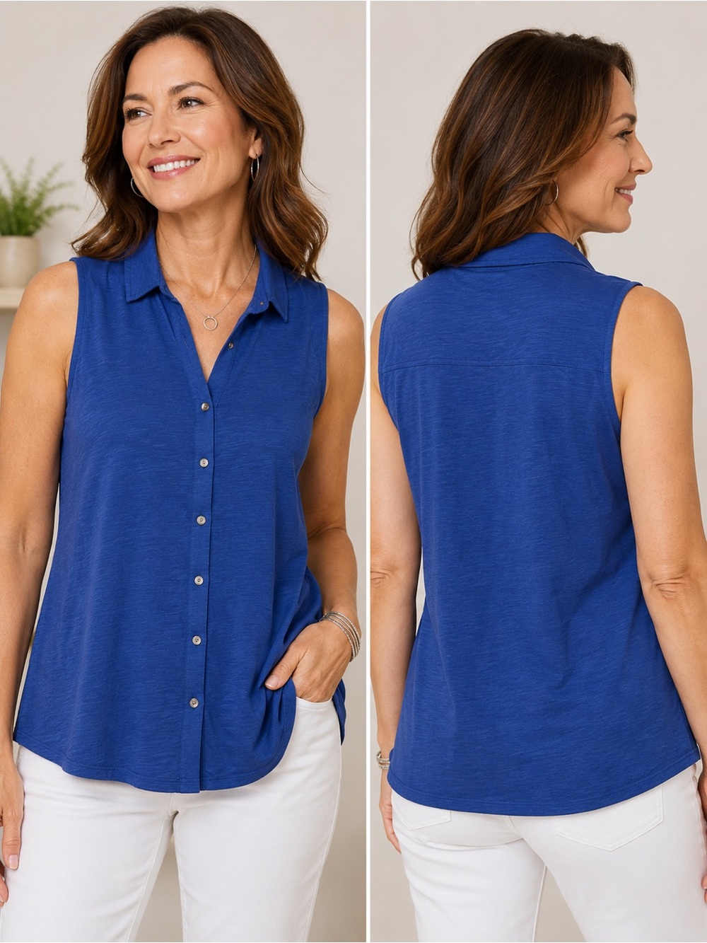 J.Jill Womens Large Blue Sleeveless Button Front Collaredโ Knit Blouse Top L